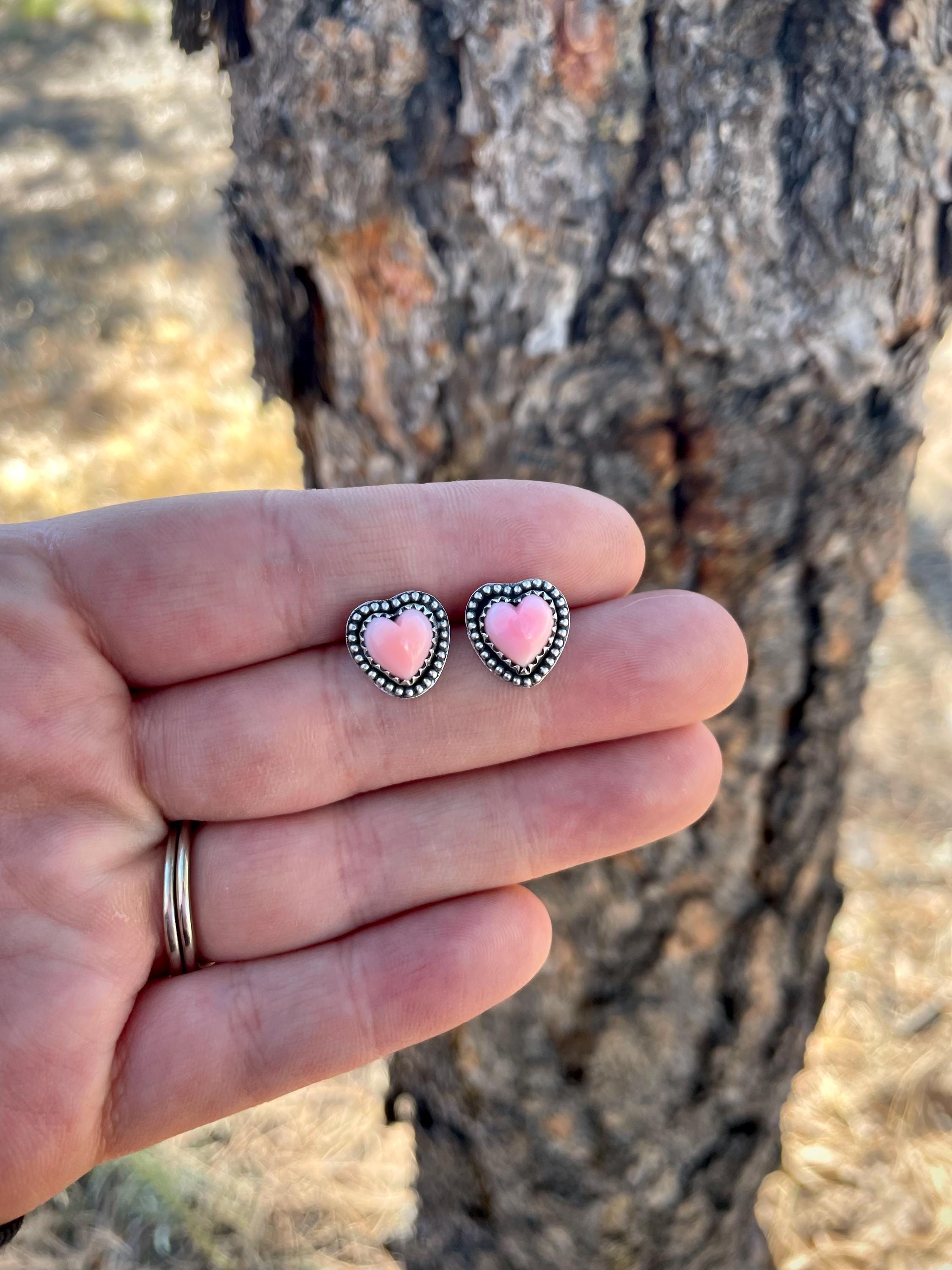 Pink Conch Heart Stud Earrings | Sterling Silver Beaded Jewelry