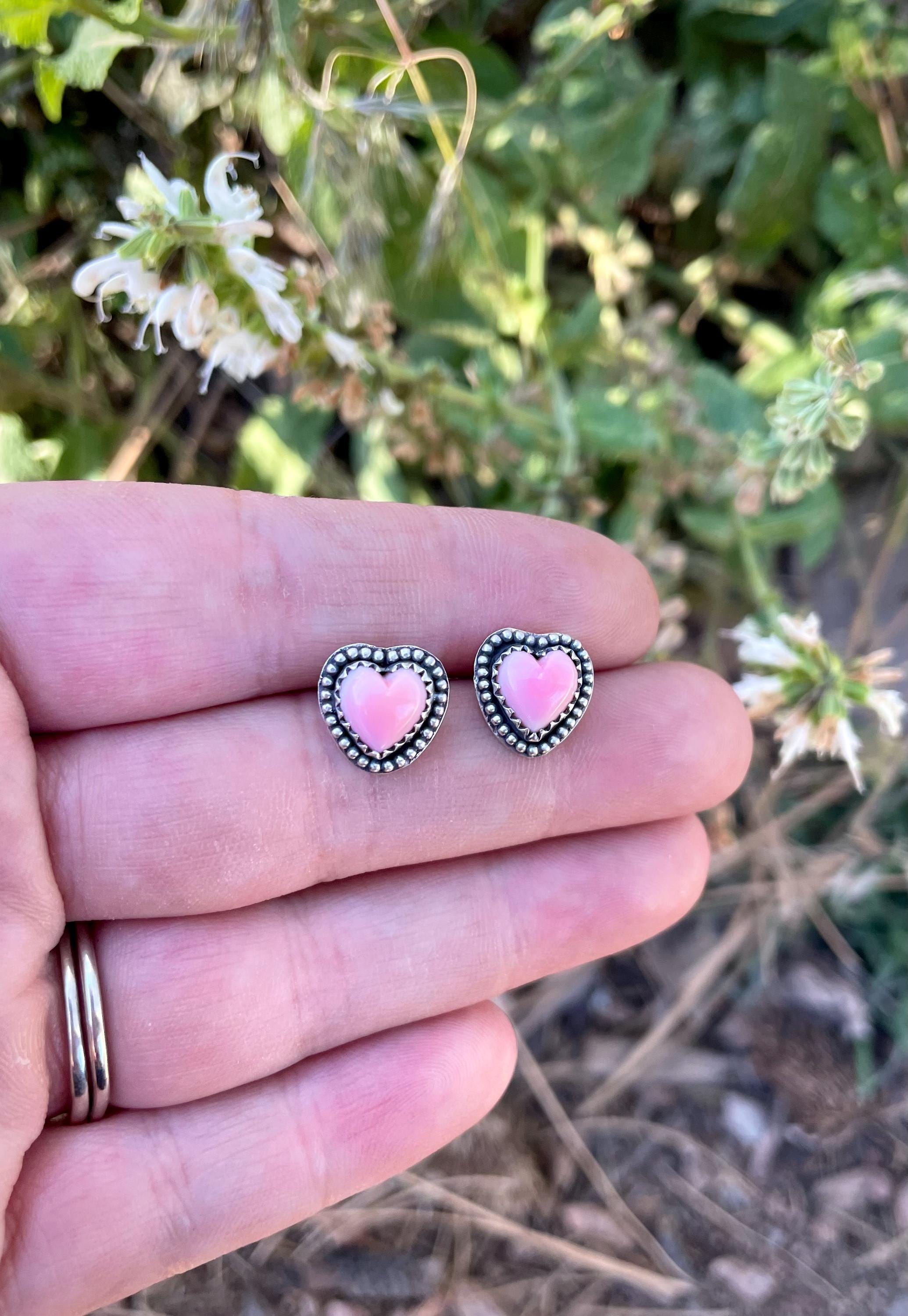 Pink Conch Heart Stud Earrings | Sterling Silver Beaded Jewelry